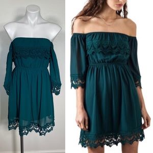 Umgee off the shoulder heart lace trim deep teal green mini dress size S…